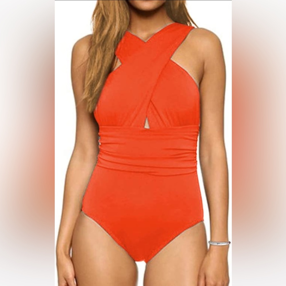 ❤️NWT Orange One-Piece Crossover Halter Swimsuit Tummy Control / Small